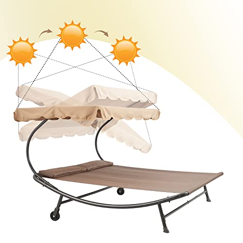 Brown Double Chaise Lounge Bed with Adjustable Canopy