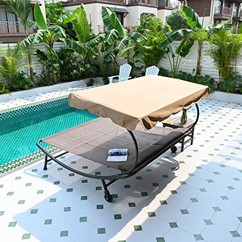 Brown Double Chaise Lounge Bed with Adjustable Canopy