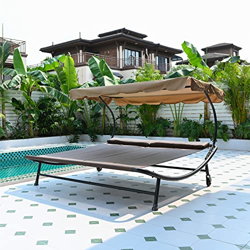 Brown Double Chaise Lounge Bed with Adjustable Canopy