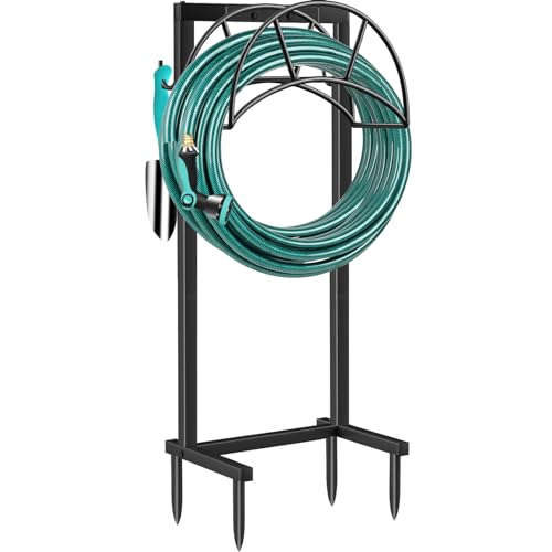 TomCare Garden Hose Holder Water Hose Holder 4 Spikes Garden Hose Reel Hose Stand Upgraded Hose Storage with Tool Hooks Garden Hose Hanger Hose Organizer Holds 150ft Hose for Outside Yard Lawn, Black