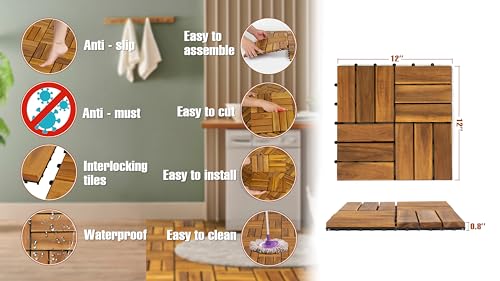 10 Interlocking Acacia Wood Deck Tiles - 12"x12