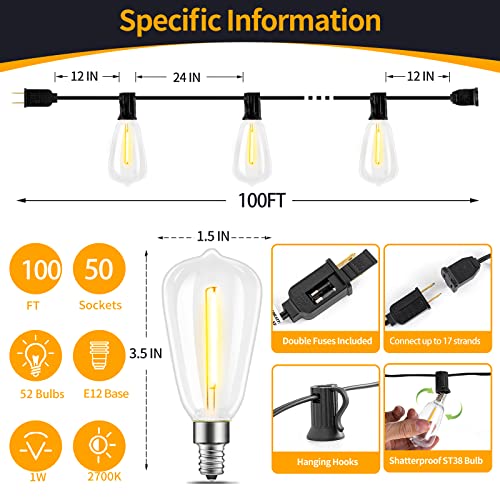 100FT UL Listed Waterproof LED String Lights with 52 Shatterproof Dimmable Bulbs
