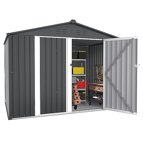 SUNCROWN Outdoor Garden Storage Shed 6X8 FT Yard Storage Tool with Hinged Door for Lawn Equipment, for Garden Backyard, Grey