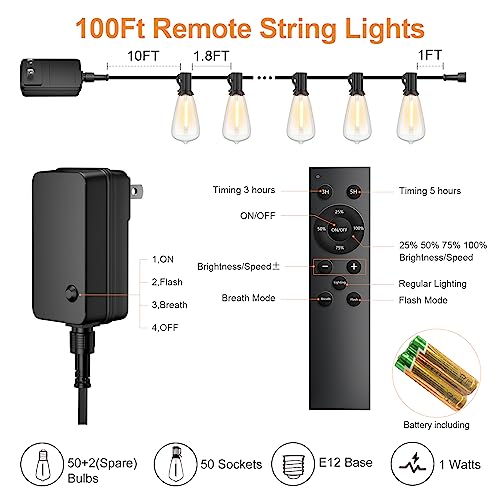 LaPitio 100FT LED String Lights - Dimmable Waterproof