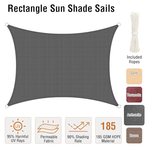 Duerer Sun Shade Sail Canopy 10' x 13' Rectangle, 95% UV Block, Permeable 185GSM Sail Shade Cover for Patio, Garden, Pergola, Backyard, Outdoor Facility & Activities -Anthracite