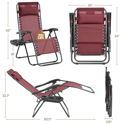 Set of 2 Burgundy Zero Gravity Reclining Lounge Chairs