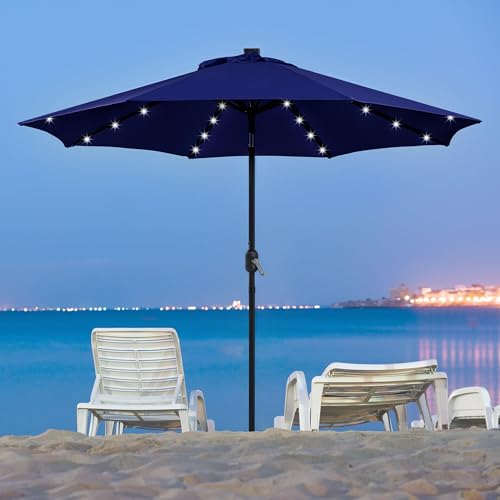 Yaheetech 9FT Patio Solar Market Umbrella w/ 22L Fillable Base - Outdoor Table Umbrella w/UV Protection & Crank Lift w/Base Stand Included for Garden/Lawn/Deck/Backyard/Pool - Navy Blue