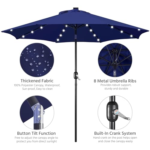 Yaheetech 9FT Patio Solar Market Umbrella w/ 22L Fillable Base - Outdoor Table Umbrella w/UV Protection & Crank Lift w/Base Stand Included for Garden/Lawn/Deck/Backyard/Pool - Navy Blue