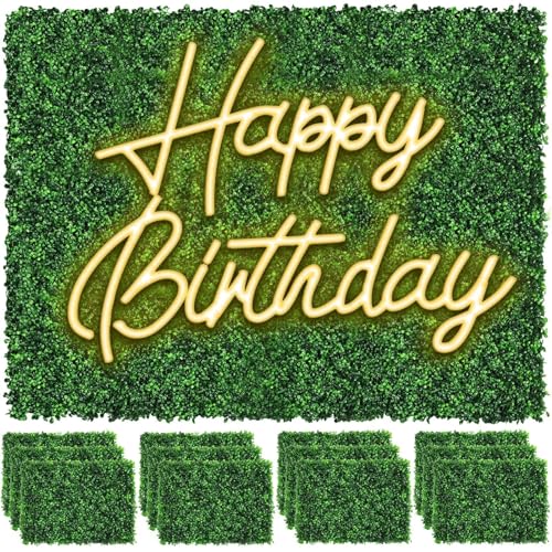 12 Artificial Grass Panels with Happy Birthday Neon Sign