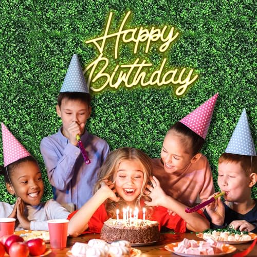 12 Artificial Grass Panels with Happy Birthday Neon Sign