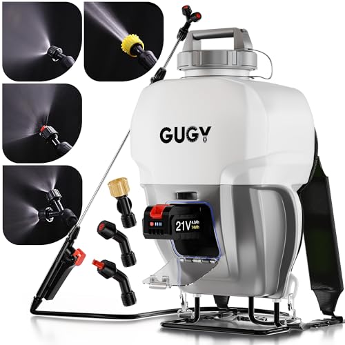 GUGY Backpack Sprayer 4 Gallon - Battery Powered Operated Electric Back Pack Sprayers for Garden Lawn Yard Weeding, 65 PSI 4 Nozzles, 22"-37.8" Stainless Steel Wand, 4.75Ft Hose, 5.9" Wide Mouth Lid