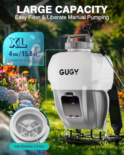 GUGY Backpack Sprayer 4 Gallon - Battery Powered Operated Electric Back Pack Sprayers for Garden Lawn Yard Weeding, 65 PSI 4 Nozzles, 22"-37.8" Stainless Steel Wand, 4.75Ft Hose, 5.9" Wide Mouth Lid