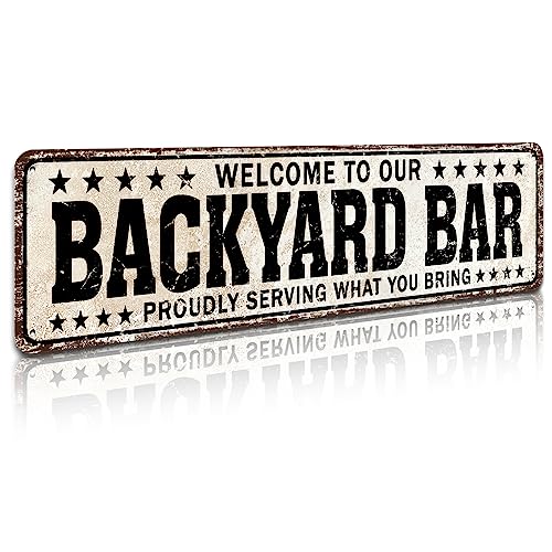 SOYAVE Funny Backyard Signs and Decor Outdoor Pool Decor, Outdoor Bar Signs Beer Sign Poop Deck Decor, Welcome to Our Backyard Bar Sign 4" by 16"