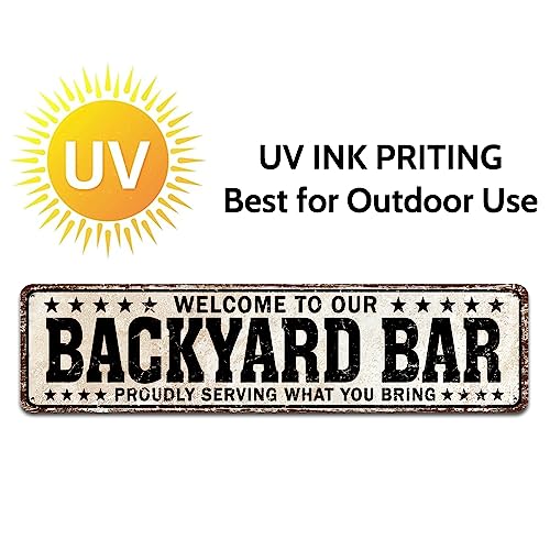 SOYAVE Funny Backyard Signs and Decor Outdoor Pool Decor, Outdoor Bar Signs Beer Sign Poop Deck Decor, Welcome to Our Backyard Bar Sign 4" by 16"