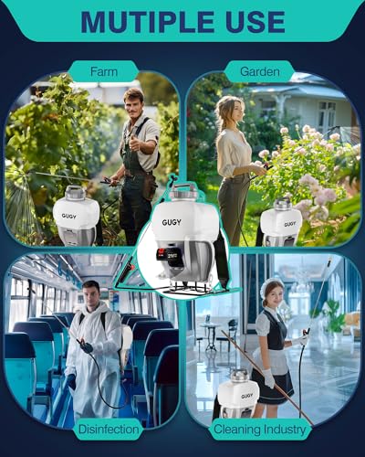 GUGY Backpack Sprayer 4 Gallon - Battery Powered Operated Electric Back Pack Sprayers for Garden Lawn Yard Weeding, 65 PSI 4 Nozzles, 22"-37.8" Stainless Steel Wand, 4.75Ft Hose, 5.9" Wide Mouth Lid