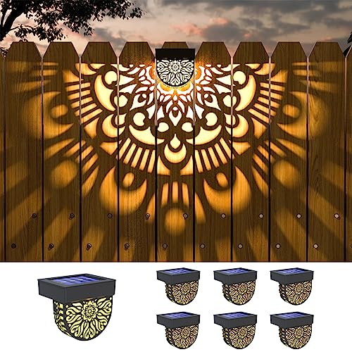 EKQ 6 Pack Solar Fence Lights Solar Outdoor Wall Lights Plastic Solar Powered Deck Step Stair Lights Moon Theme Waterproof Fence Solar Light for Garden Post Patio Backyard Yard Decor (Black, 6 Pack)