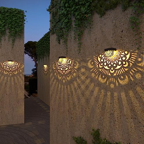 EKQ 6 Pack Solar Fence Lights Solar Outdoor Wall Lights Plastic Solar Powered Deck Step Stair Lights Moon Theme Waterproof Fence Solar Light for Garden Post Patio Backyard Yard Decor (Black, 6 Pack)