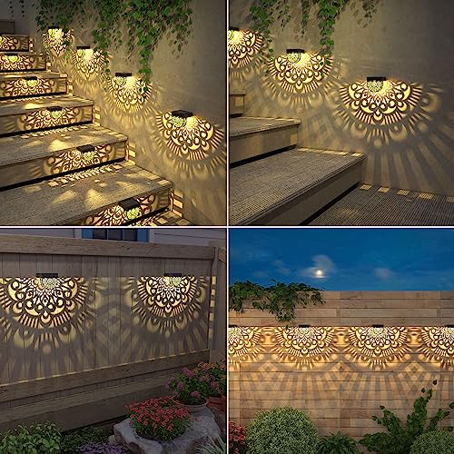 EKQ 6 Pack Solar Fence Lights Solar Outdoor Wall Lights Plastic Solar Powered Deck Step Stair Lights Moon Theme Waterproof Fence Solar Light for Garden Post Patio Backyard Yard Decor (Black, 6 Pack)