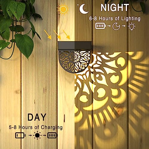 EKQ 6 Pack Solar Fence Lights Solar Outdoor Wall Lights Plastic Solar Powered Deck Step Stair Lights Moon Theme Waterproof Fence Solar Light for Garden Post Patio Backyard Yard Decor (Black, 6 Pack)