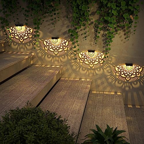 EKQ 6 Pack Solar Fence Lights Solar Outdoor Wall Lights Plastic Solar Powered Deck Step Stair Lights Moon Theme Waterproof Fence Solar Light for Garden Post Patio Backyard Yard Decor (Black, 6 Pack)
