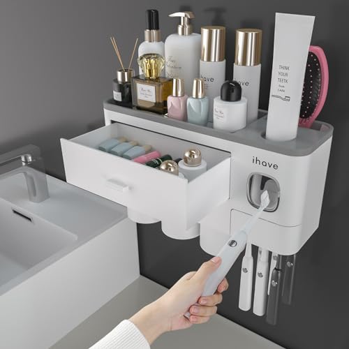 Wall Mounted Toothbrush Holder Set with Dispenser & Drawer