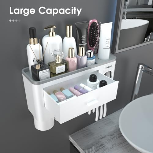 Wall Mounted Toothbrush Holder Set with Dispenser & Drawer