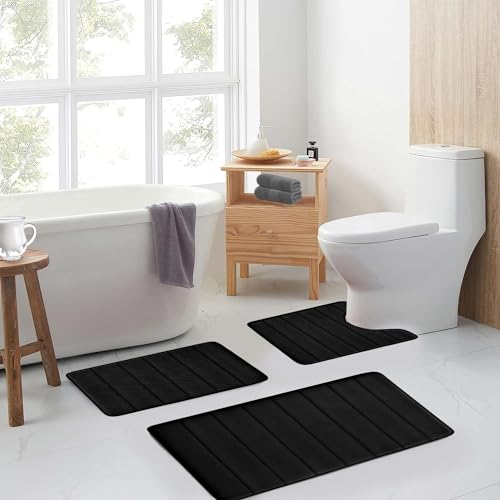 Black Memory Foam Bathroom Rug Set with U-Shaped Toilet Rug