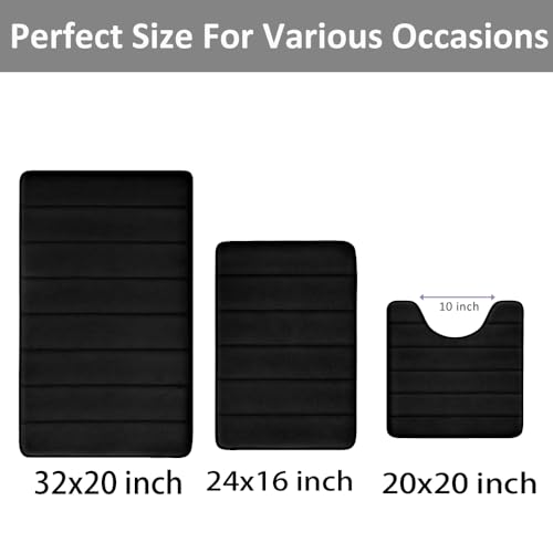 Black Memory Foam Bathroom Rug Set with U-Shaped Toilet Rug