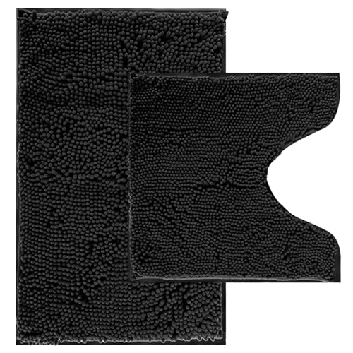 Soft Black Chenille Shaggy Bathroom Rug Set