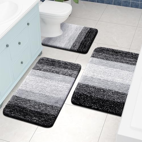 Soft Shaggy Non-Slip Bathroom Mats, Machine Washable, 24"x16", Black
