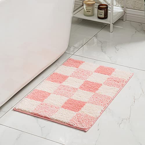 Blossom Pink Checkered Bath Mats - Non-Slip & Fluffy