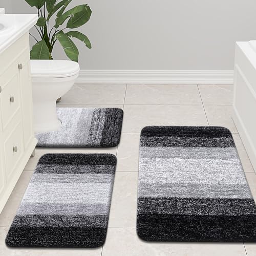 Soft Shaggy Non-Slip Bathroom Mats, Machine Washable, 24"x16", Black