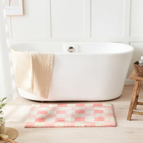 Blossom Pink Checkered Bath Mats - Non-Slip & Fluffy