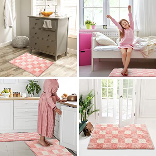 Blossom Pink Checkered Bath Mats - Non-Slip & Fluffy