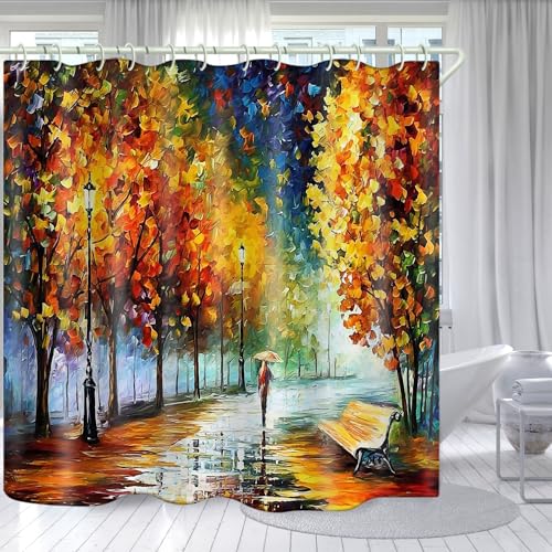 Park Oil Painting 3D Polyester Shower Curtain Set