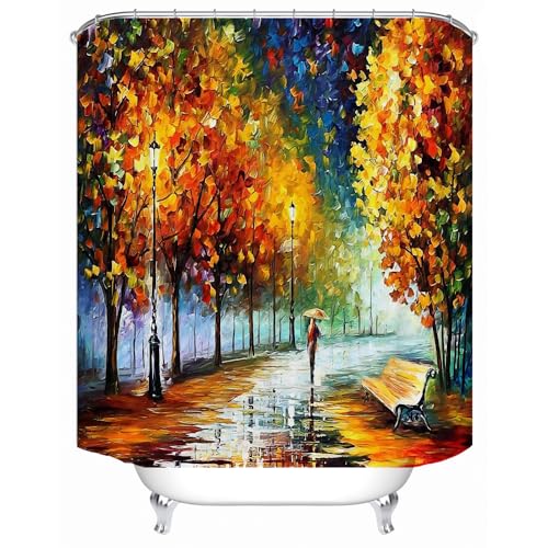 Park Oil Painting 3D Polyester Shower Curtain Set