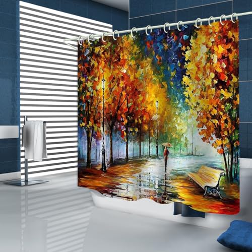 Park Oil Painting 3D Polyester Shower Curtain Set