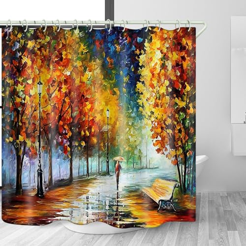 Park Oil Painting 3D Polyester Shower Curtain Set
