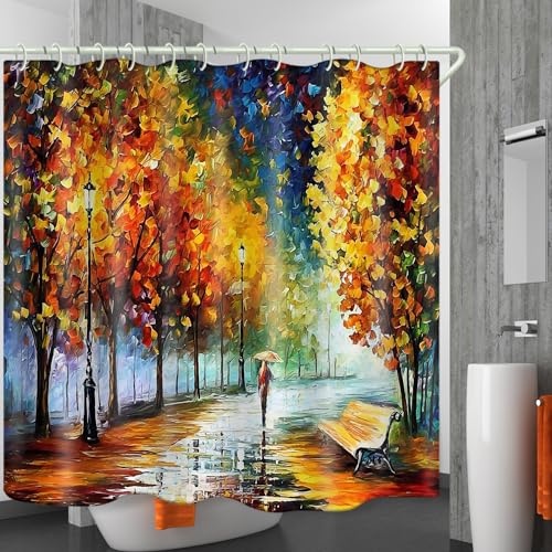 Park Oil Painting 3D Polyester Shower Curtain Set