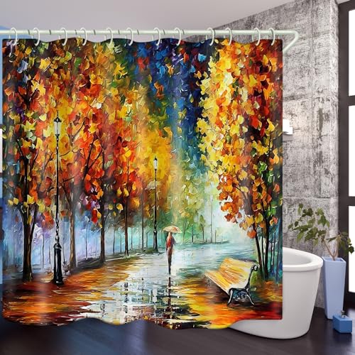 Park Oil Painting 3D Polyester Shower Curtain Set
