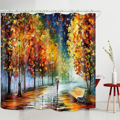 Park Oil Painting 3D Polyester Shower Curtain Set