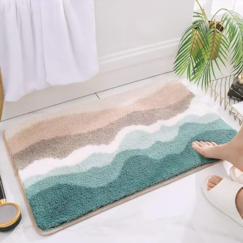 Green Microfiber Shaggy Bathroom Rugs: Absorbent Soft Mats