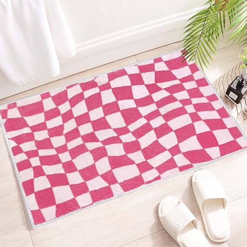 Pink Checkered Bathroom Rug for Aesthetic Room Decor