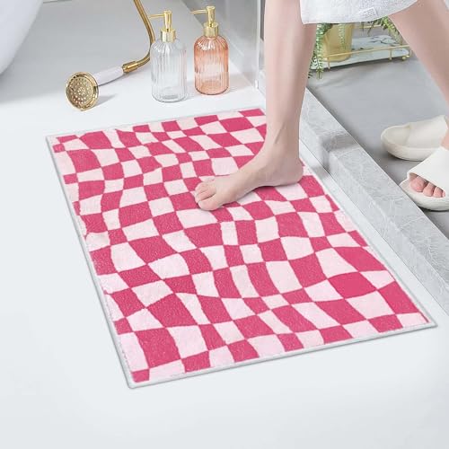 Pink Checkered Bathroom Rug for Aesthetic Room Decor