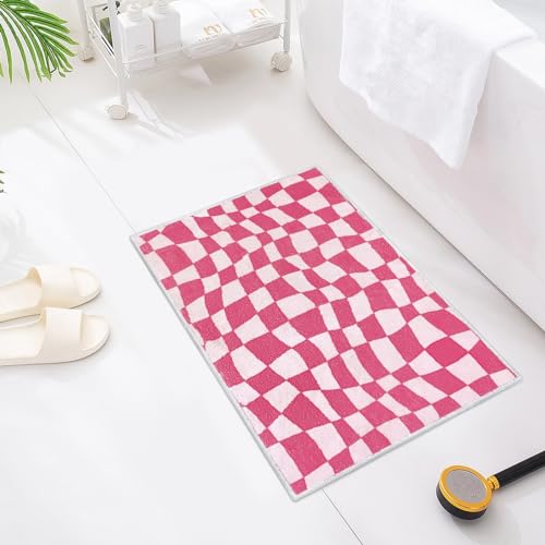Pink Checkered Bathroom Rug for Aesthetic Room Decor