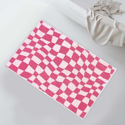 Pink Checkered Bathroom Rug for Aesthetic Room Decor