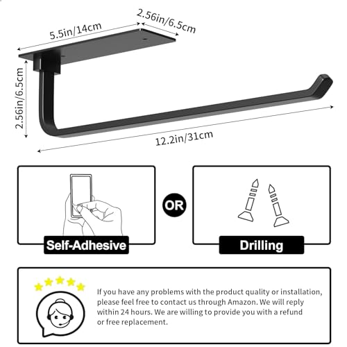 Black Matte Paper Towel Holder with Self-Adhesive Option