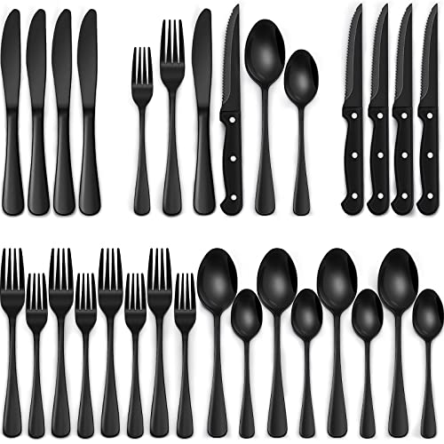 Black Silverware Set for 4 with Steak Knives