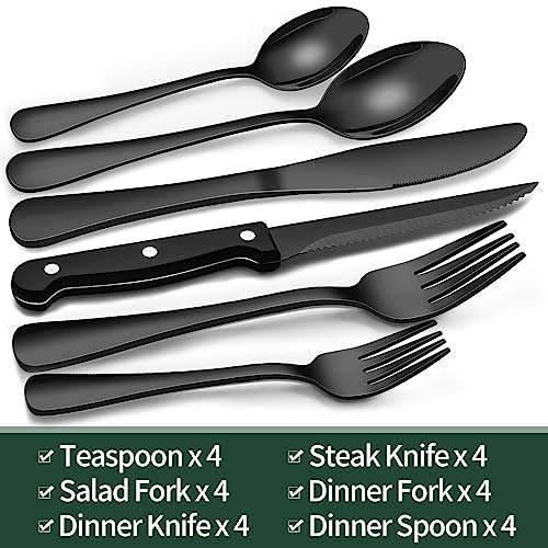 Black Silverware Set for 4 with Steak Knives