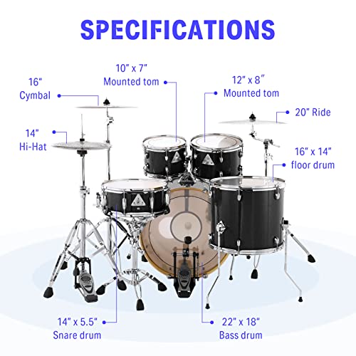 Donner Drum Set - 5-Piece 22" Full Size Drum Kit, Black
